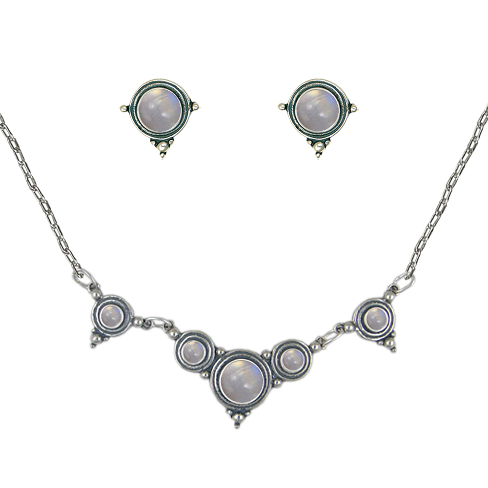 Sterling Silver Designer Necklace Earrings Set in Rainbow Moonstone